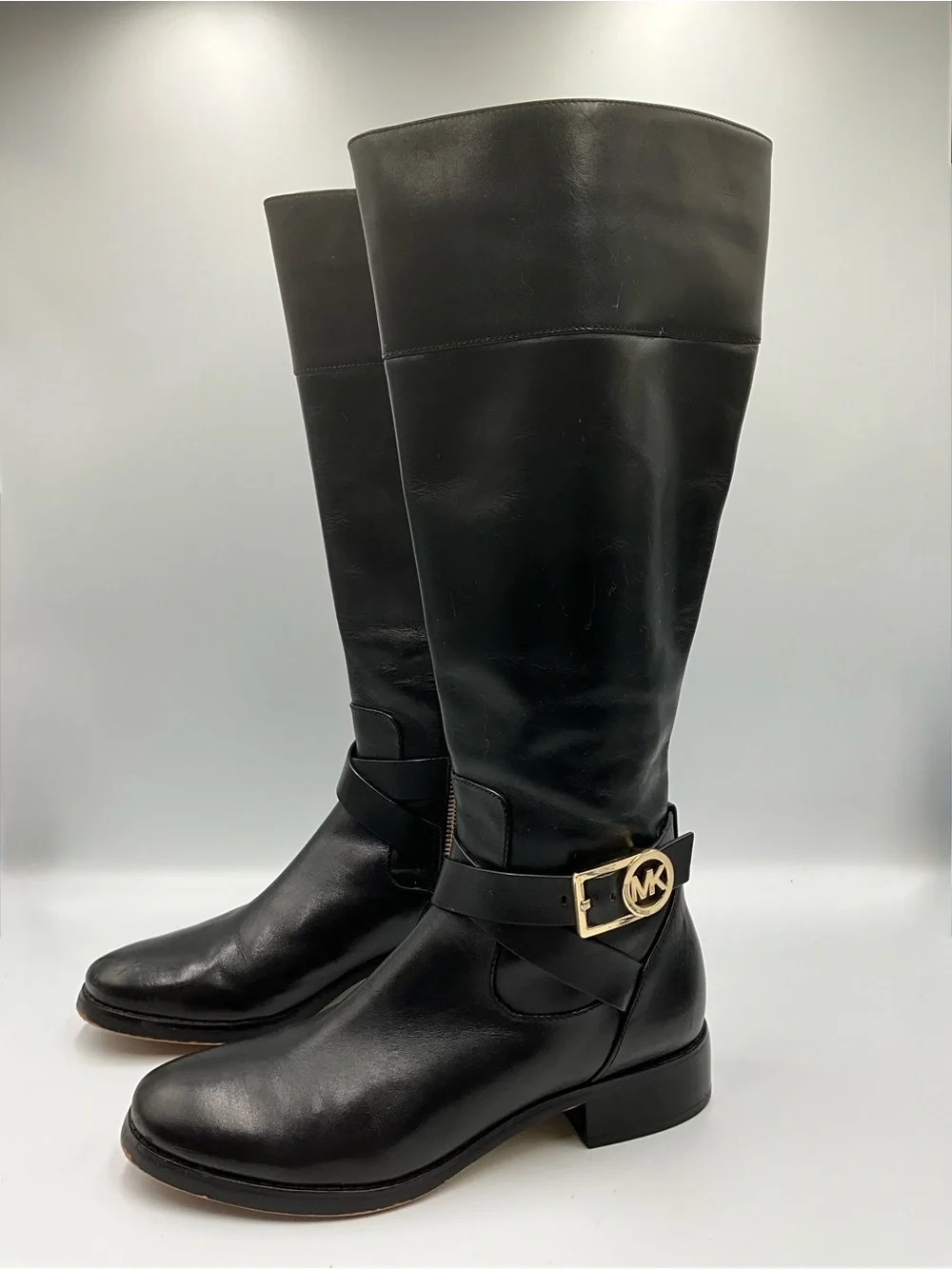 Michael Kors Boots Size 7 Black Leather Over-the-Knee Boots with Gold MK Buckle
